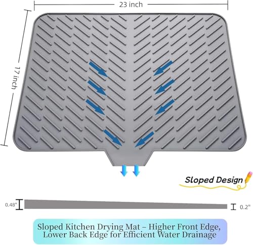 Image of SONANI Silicone Dish Drying Mat for Kitchen, Large 23 x 17 Inch Dish Drainer Mat with Drain Lip, Waterproof Heat Resistant Non-Slip Silicone Mat for Sink & Counter, Utensil Dish Drying Mat (Grey)