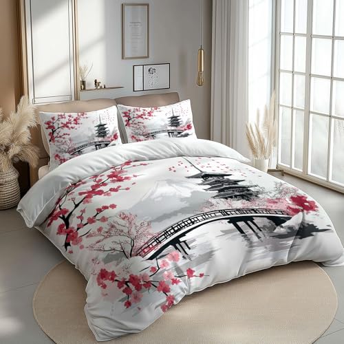 Housse de Couette 220 x 240 cm Parure de Lit Adulte Réversible avec Fermeture Éclair, Housse de Couette 2 Personnes Imprimée Peinture à l'encre de fleurs...