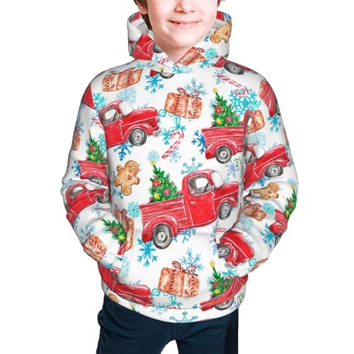 Watercolor Red Truck And Fir Tree Kid Hoodies Boys Sweatshirts Girls Pullover with Pocket3