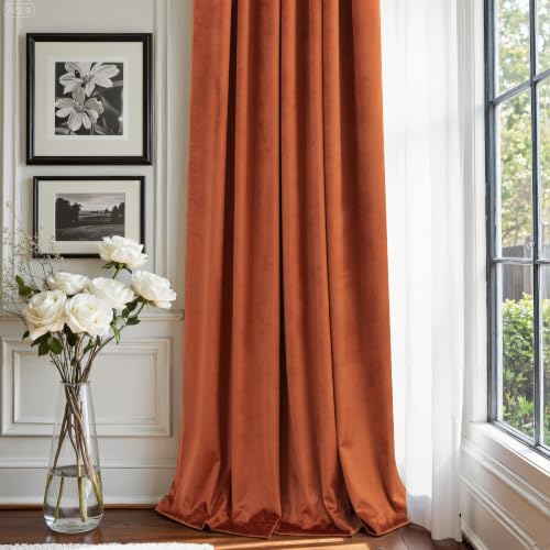 Image of Rust Colored Terracotta Boho Plush Velvet Curtains 108 Inches Long 2 Panels for Living Room Darkening Back Tab Pocket Thermal Insulated Elegant Blackout Curtains Ceiling to Floor Length for Patio Door