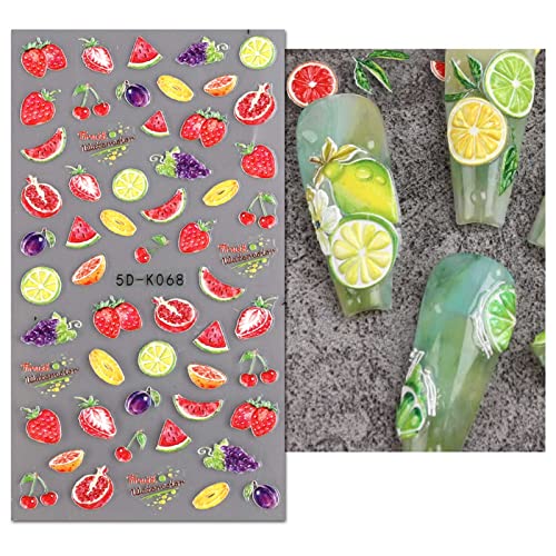 Jmeowio 3D Embossed Fruit Strawberry Lemon Nail Art Stickers Decals Self-Adhesive Pegatinas Uñas 5D Spring Summer Nail Supplies Nail Art Design Decoration Accessories 4 Sheets #TOP5