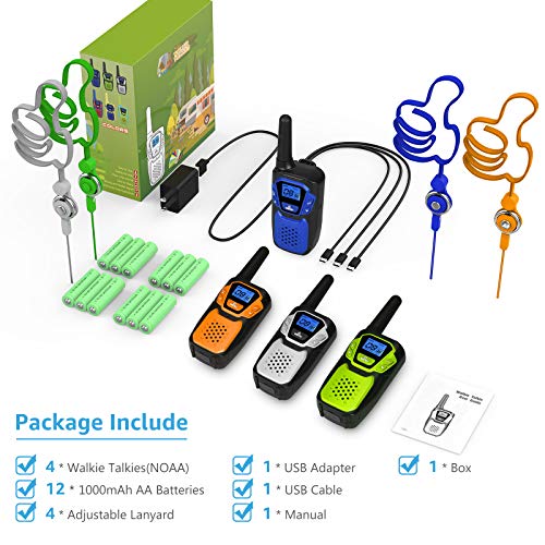 Topsung-Walkie-Talkies-Rechargeable-4-Pack-Easy-to-Use-Long-Range-Walky-Talky-for-Adult-Handheld-Two-Way-Radio-with-NOAA-for-Hiking-Camping-OrangeBlueGreenSilver-with-Micro-USB-ChargerBattery