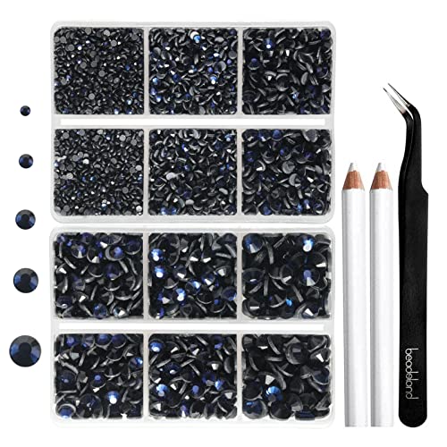 Image of 6736pcs Hotfix Rhinestones Flatback,Navy Blue Rhinestones for Crafts Clothes Mixed 5 Sizes, Hotfix Crystals with Tweezers and Wax Pencil Kit, SS6-SS30,Montana