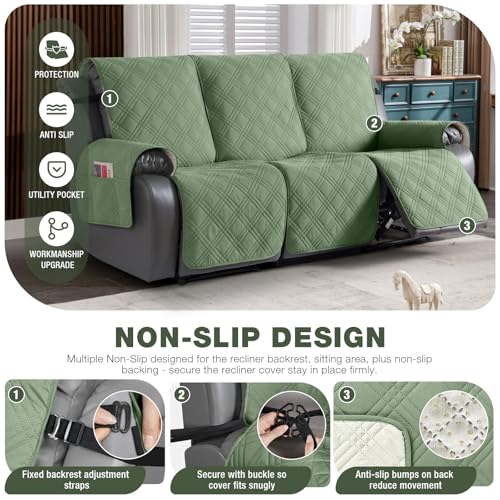 Image of TAOCOCO 100% Waterproof Recliner Sofa Cover, Non Slip Split Couch Covers for Reclining Couches with Elastic Strap, Washable Reclining Sofa Cover Furniture Protector for Kids Pets(3 Seater, Bean Green)