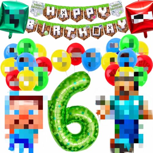 Qisheng Decoración De Fiesta De Cumpleaños, Tema De Videojuegos, Globos De Látex Con Banner Happy Birthday, Número 6, Forma Redonda Y Cubo, Para 6 Años A