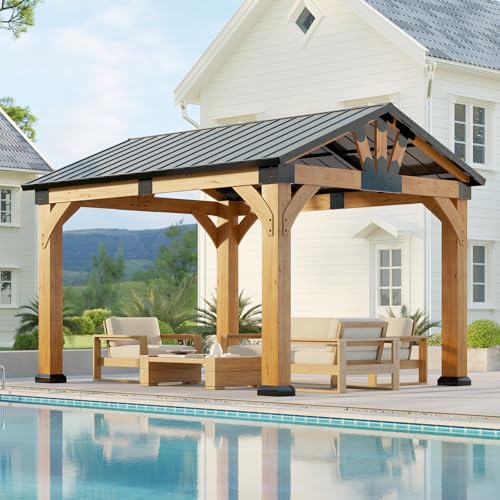 10x12 ft Cedar Wood Gazebo, Hardtop Gazebo with Galvanized Steel Peak Roof, Outdoor Pavilion for Snow Support, Wind Resistance, UV Protection, Shade for Garden, Patio, Deck