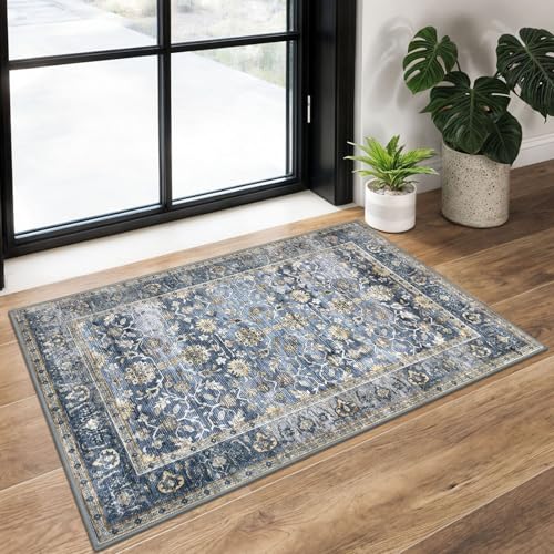 Image of KUTA Vintage 2x3 Rugs for Entryway, Non-Slip Washable Area Rug & Indoor Door Mat with Floral Print, Blue Grey Beige Ultra Thin Soft Low-Pile Throw Rug for Kitchen Front Door, Bedside, Small Spaces