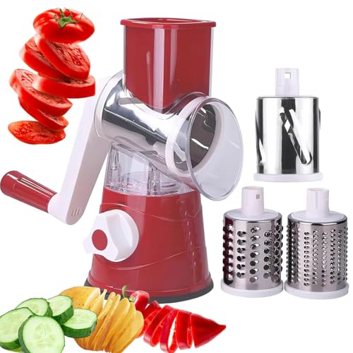 Rotary Cheese Grater, Vegetable Slicer with 3 Interchangeable Stainless Steel Drum Blades, Effortless Slicing and Dicing, 3-in-1 Handheld Vegetable Choppe for Cheese, Vegetables and Nuts