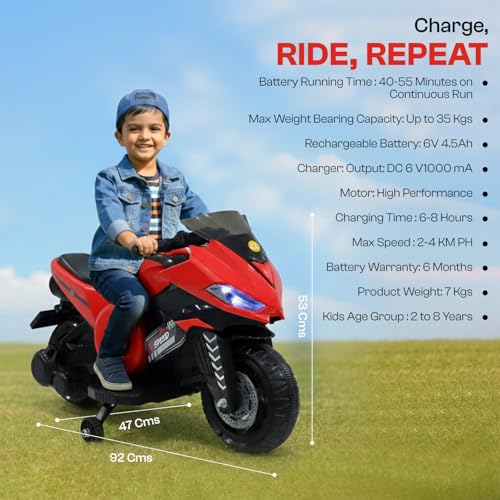 Image of Toyzone Speed Electric Bike (Red) | 6V Rechargeable Bike for Kids with 4.5Ah Battery | LED Lights, Music, MP3 /USB /BT | Smooth Acceleration | 6M Battery Warranty | Age 2-8 Years, Upto 35 kg