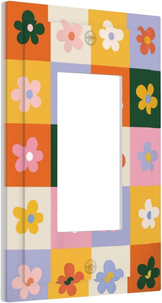 1 Gang Boho Retro Daisy Floral Checkered Light Switch Covers Decorative Single Rocker Colorful Flower Size 5" X 3" Wall Plate Electrical Faceplate for Bedroom Bathroom