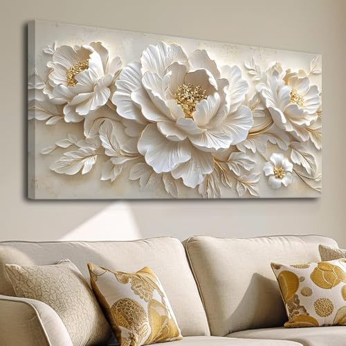 Large scale Flower canvas wall art Mural White Flower Gold stamen Abstract Decorative Painting Modern Nordic Plant Flower Poster Printing Living Room Dining Room Bedroom Office Corridor Home Decoration, 24x48 inches