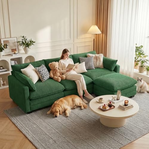 Image of Gizoon 110'' Oversized L Shaped Couch for Living Room, Cloud Couches with Washable Corduroy Cover, Modern 4-Seater Comfy Deep-Seat Sofa with Movable Ottoman and 2 Throw Pillows for Apartment, Green