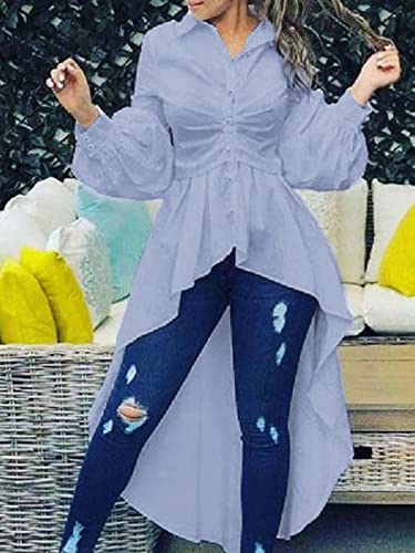 Zanzea Women's High Low Asymmetrical Tunic Top Irregular Hem Long Sleeve Casual Ruffle Button Blouse Shirts Light Blue Medium #TOP3