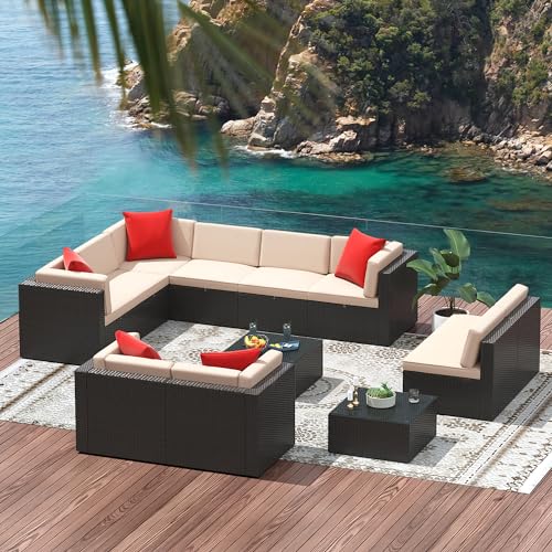 Image of Greesum Patio Furniture Sets 12-Pieces Outdoor PE Rattan Sectional Sofa with Thickened Cushions and Glass Coffee Table, OneSize, Beige