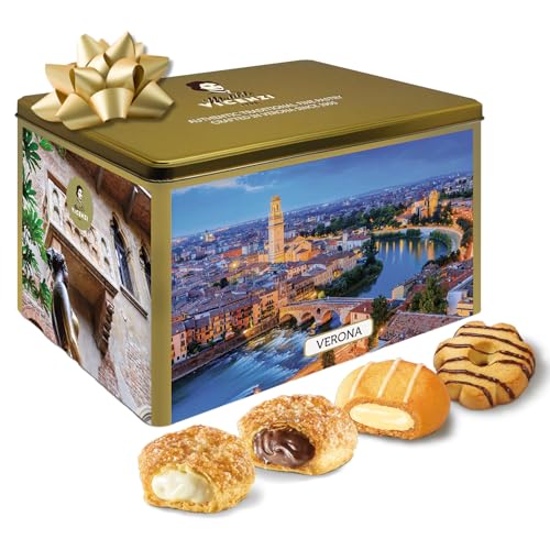 Matilde Vicenzi Verona Gift Tin - Assortment of Italian Pastries and Cookies - Gourmet Gifts For Valentines & Easter - Assorted Cookies in Italian Design Tin 32oz (907g)