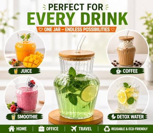 Image of COOLBIT 450ml Premium Clear Glass Tumbler with Bamboo Lid & Glass Straw, Reusable Juice Cup for Water, Smoothies, Iced Coffee - Durable & Eco-Friendly Design