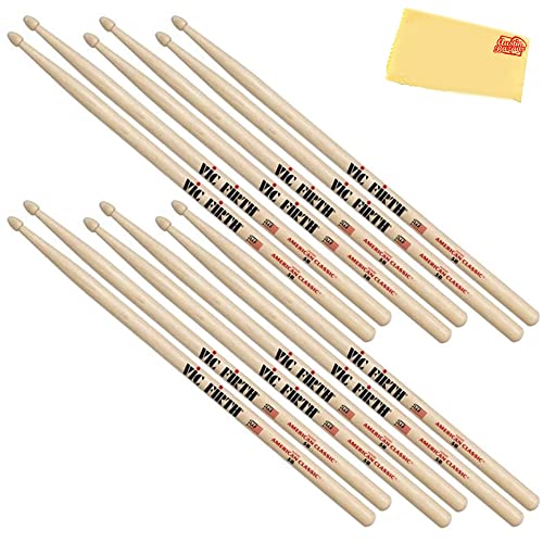 Vic Firth American Classic 5B Drumsticks - 6-Pack Bundle with Austin Bazaar Polishing Cloth