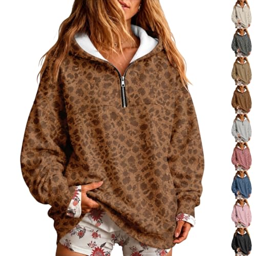 Jielayou Half Zip Pullover Women Leopard Oversized Trendy Hooded Sweatshirt - image 1