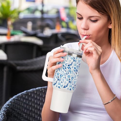 Image of Christian Art Gifts Extra Large Double Wall Stainless Steel Insulated Travel Tumbler for Women: Trust in the Lord Uplifting Scripture, Twist Dial Lid, Reusable Straw & Tip, White & Blue Floral, 40 oz