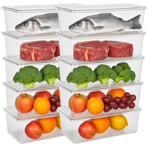 Image of JD FRESH 10 Piece Fridge Storage Containers /Organizer with Removable Drain Plate and Lid /Freezer containers /Vegetables Storage Box for Refrigerator /Fridge containers for Fruits /Meat /Fish (1500 ML)