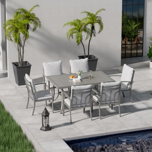 HAPPATIO 7-Piece All-Aluminum Outdoor Dining Set for 6 with Cushions - Rectangular Table and Chairs for Lawn, Garden, Backyard
