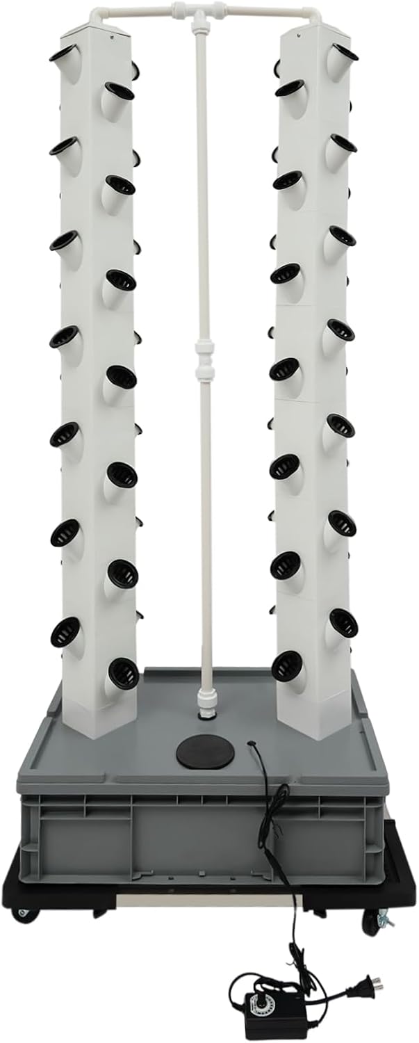 56-Plant Hydroponic Tower Growing System Indoor Outdoor, Garden Vertical Planter Germination Kit with Pump & Wheels, Hydroponics Growing Tower, Smart Vertical Hydroponic Garden Towers, Grey Base