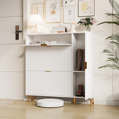 Meuble à chaussures à 3 abattants et 1 porte - Motif vagues - 110 x 24 x 111,5 cm - Pour entrée et couloir - Blanc