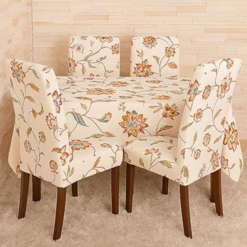 Image of Styleys Dining Chair Cover with Table Covers for Kitchen Waterproof Dining Table Cloth (1 Table Cover + 4 Chair Cover, Beige /Red /Blue Flower, CTSLMC134)