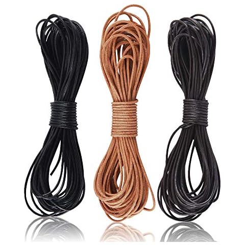 SOSMAR 3 Rolls 5M X 1MM Cowhide Round Leather Cords Rope String for Bracelet Necklace Jewelry Making Lanyards DIY Crafts, Black, Dark Brown, Natural Brown Genuine Leather Cord Cover