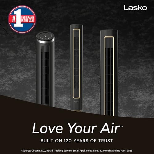 Image of Lasko Pinnacle 40 inch DC Tower Fan for Bedroom, Living Room, Home Office - 32 ft /s Airflow, 50 ft Distance, 90 Oscillation - AirSense, 12 Speeds, Night Light - Quiet 24 dBA - Remote, Black