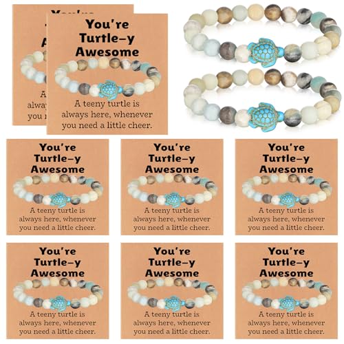 6 Pieces Turtle Bracelet Bulk Sea Turtle Beads Ocean Bracelets Natural Stone Turquoise Stretch Bracelet Gifts Inspirational Cards for Women Men