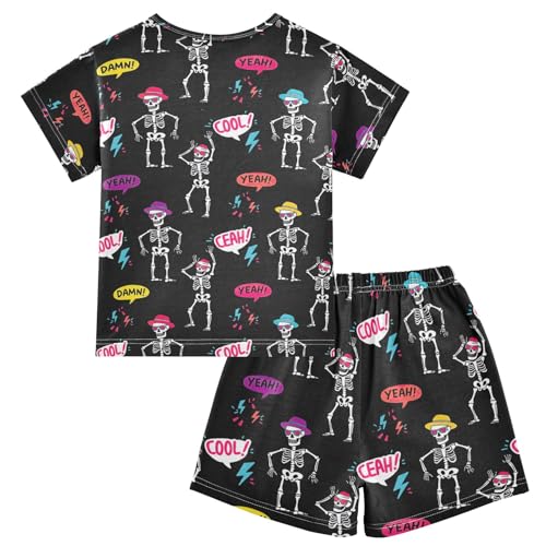 CHIFIGNO Dancing Skeletons Black Summer Pajama Set, Short Sleeve Cozy Jammies with Pocket, Ages 52
