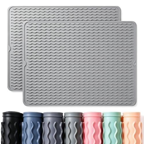 Image of 2 Pack Caketime Silicone Dish Drying Mat for Kitchen Counter Heat Resistant Pads Hot Dishes Waterproof with Under Sink Soap Holder Coffee Bar Accessories Women Gifts Extra Large 24 inchx18 inch Light Gray