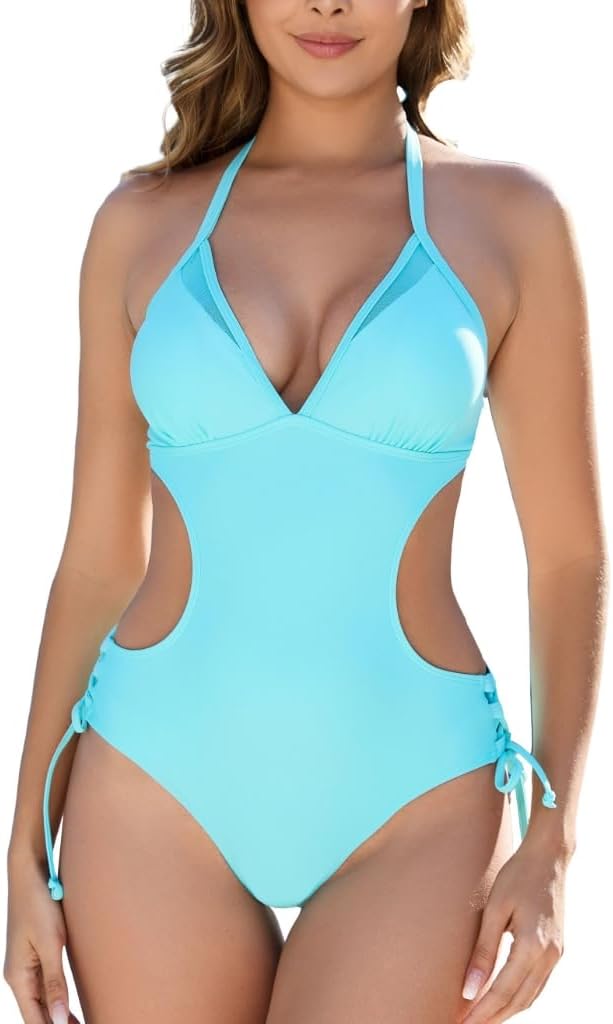 LXheysea Women's Halter Cutout One Piece Swimsuit Mesh Monokini Bathing Suit