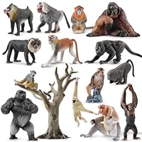 toymany 15PCS Monkey Primates Figurines and Tree, Realistic Orangutan Figures, Jungle Animal Toys Included Ape Tree Chimpanzee Gorilla Orangutan, Educational Toy Cake Toppers Christmas Birthday Gift