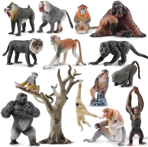 TOYMANY 15PCS Monkey Primates Figurines and Tree, Realistic Orangutan Figures, Jungle Animal Toys Included Ape Tree Chimpanzee Gorilla Orangutan, Educational Toy Cake Toppers Christmas Birthday Gift
