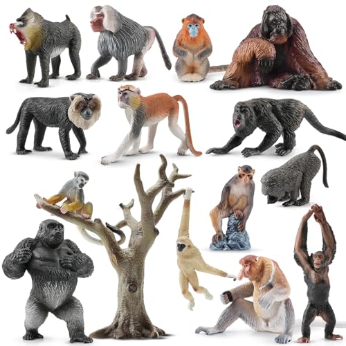 TOYMANY 15 Stück Affen Tiere-Figuren und Baum, realistische Orang-Utan-Figuren Set, Dschungel-TierFiguren inklusive Gorilla,Schimpanse,pädagogisches Spielzeug, Weihnachtsgeburtstagsgeschenk für Kinder