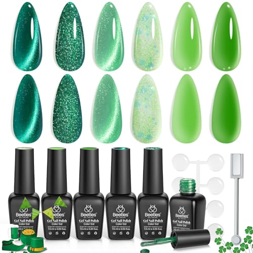 beetles Gel Polish Green Gel Nail Polish Set, St Patrick Day 6 Colors Cat Eye Jelly Glitter for Salon Manicure Nail Art DIY at Home UV LED Needed Gifts for Women Girls Enchanted Forest