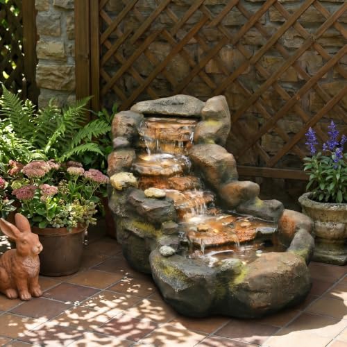 Image of Sunlinua 42 inch L Outdoor Water Fountain with 5Tiers Cascading Realistic Rock Waterfall Fountains with LED Lights Outdoor Water Fountain for Garden Patio Backyard Porch Home Decor