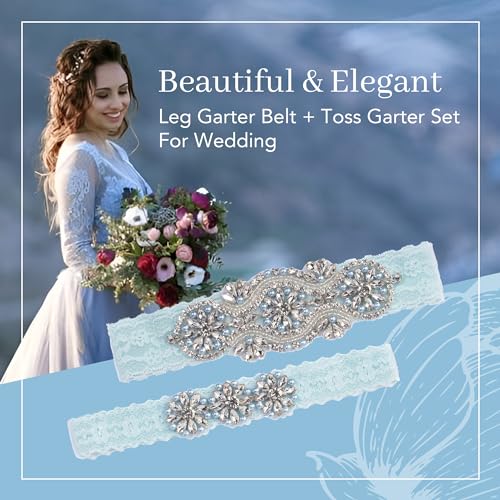 White Stretch Lace Rhinestone Pearl Garter, Wedding Garter Set with Toss Garter, Bridal or Prom Garter Set, Liga Para La Boda3