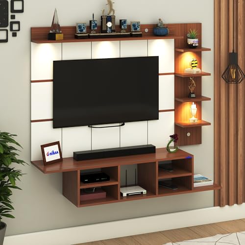 Image of Anikaa Charley Engineered Wood Wall Mount Striped PVC Back Panel TV Unit with Spot LED Lights | TV Cabinet with Open Storage Box (Walnut) | Ideal for UP to 43 Inch TVs - DIY Installation