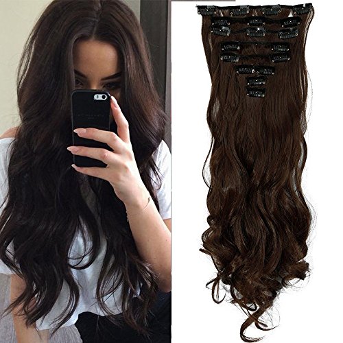 S-noilite17" Long Curly Wavy Medium Brown Clip in on 8 Pieces Full Head Set Hair Extensions 8pcs Hairpiece Extension for Girl Lady Women