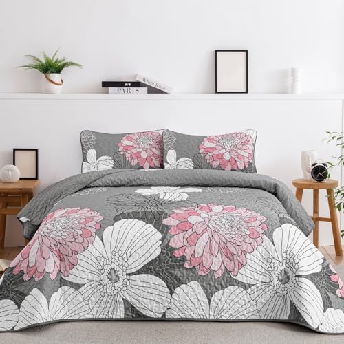 Anibedding 3Pieces King Size Floral Printed Quilt Set, Pink Boho Lightweight Oversized King Bedspread Set with 2 Pillowcases for Bedroom All Season