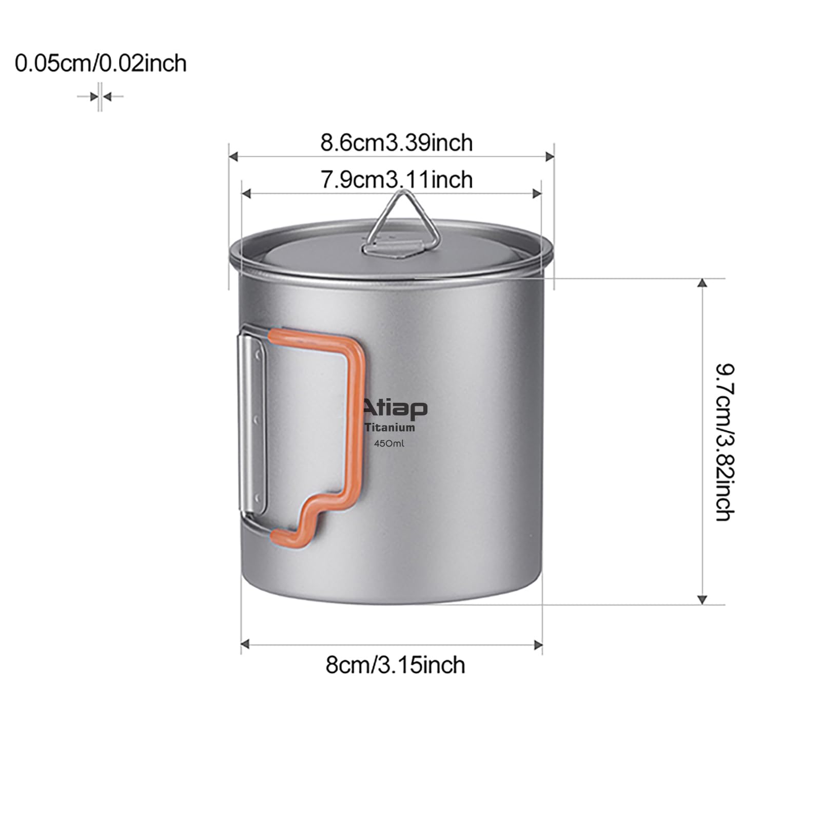 Tasse de camping portable en titane ultra légère avec couvercle et poignée pliable en plastique, portable et légère pour le camping, la randonnée, la randonnée (450 ml)