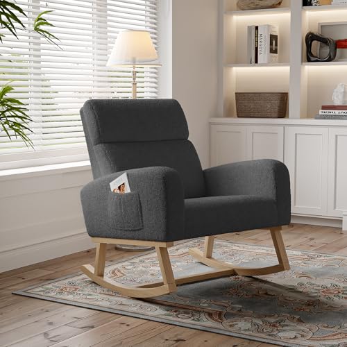 Sedia a dondolo, Poltrona dondolo con tasche laterali gambe in legno massello, allattamento al seno, Sedia per il tempo libero, adatta per soggiorno e camera da letto (Grigio Scuro)