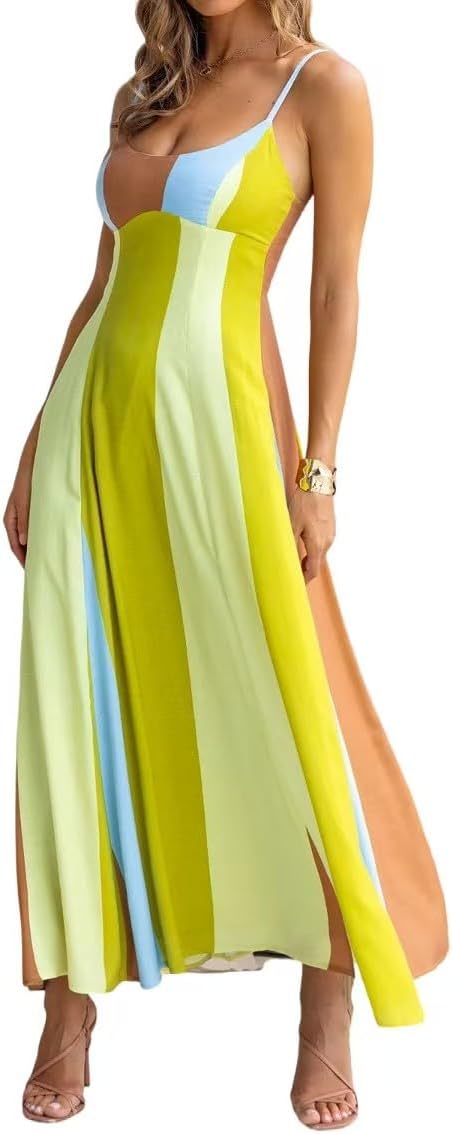 Women's Boho Print Dress Sleeveless Backless Halter High Waist A Line Beach Vacation Long Dress