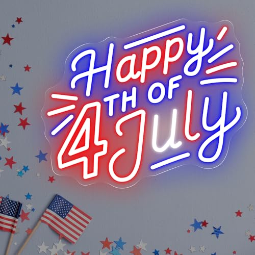 Image of Happy 4TH of July Decors Neon Sign Happy Independence Day Led Sign 4th of July Celebration Light Patriotic Welcome Memorial Day Decoration, 15.4 inchx12.6 inch