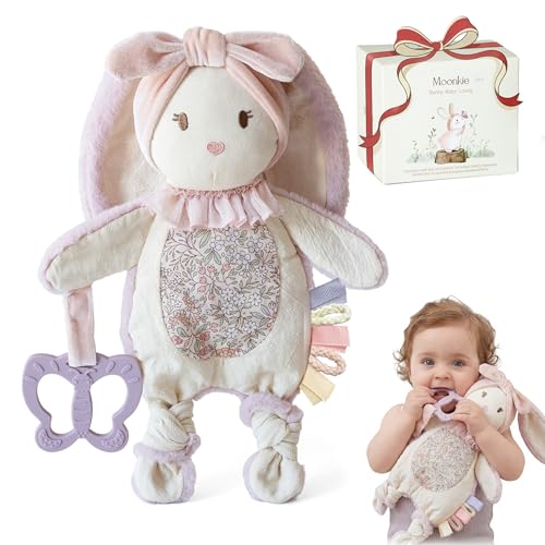 Moonkie Schmusetuch Baby Hase mit Silikon Beißring | 3-in-1 Superweich Schnuffeltuch | Beruhigender Komfort | Linderung beim Zahnen | Sensorisches Spiel | Babygeschenke Mädchen ab 0+ Monaten