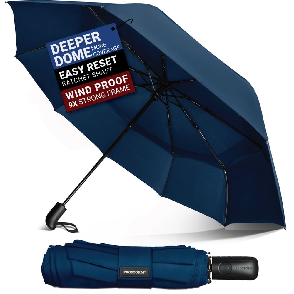 Prostorm Vented Travel Umbrella | Strong Compact Windproof Umbrella | Deep Dome Coverage | Auto Open/Close | Portable Pop Up with Large Coverage |