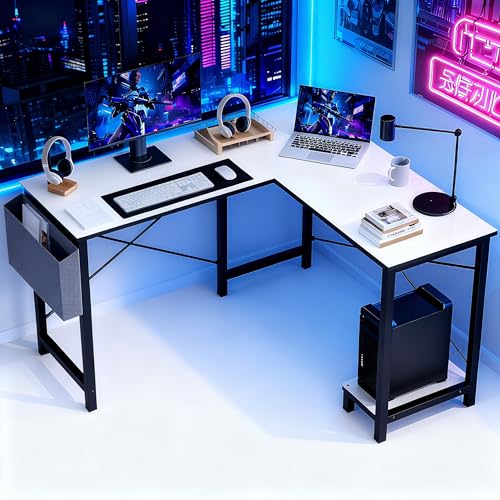 Image of OLIXIS L Shaped Desk, 50-Inch Office Computer Gaming Desks Corner PC Table with Side Bag and Reversible Shelf for Home Work Study Writing White